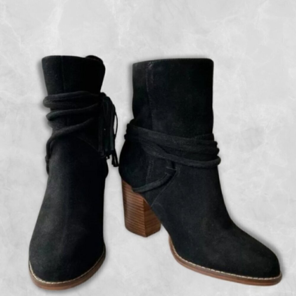 ALDO Suede Ankle Boots Stacked Heel Wrap Tassel Detail Black Women's US 8.5 NWOT